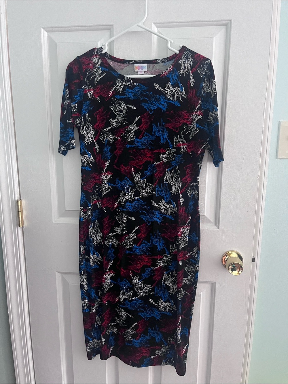 LuLaRoe Black Midi Dress with Blue, Burgundy, and Cream Abstract Print